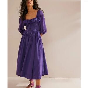 NEW Free People plum purple smocked ruffled Oasis midi dress size L